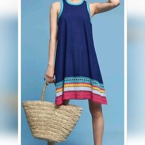 Akemi + Kin Anthropologie Cotton Linen  Blue Pink Crochet Tank Sun Dress Large